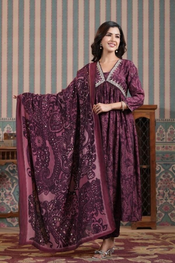 Flared Kurta Set -Hand Embroidered Paisley Print Premium Viscose Silk Ethnic Women's Suit