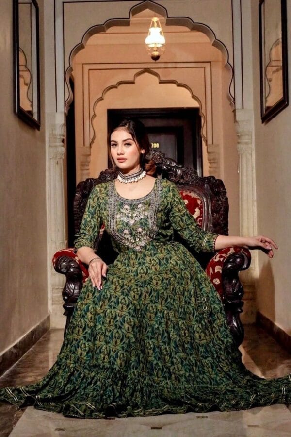 Embroidered Anarkali Kurta-Long Tiered Dress-Green Eco Dyed Pure Cotton