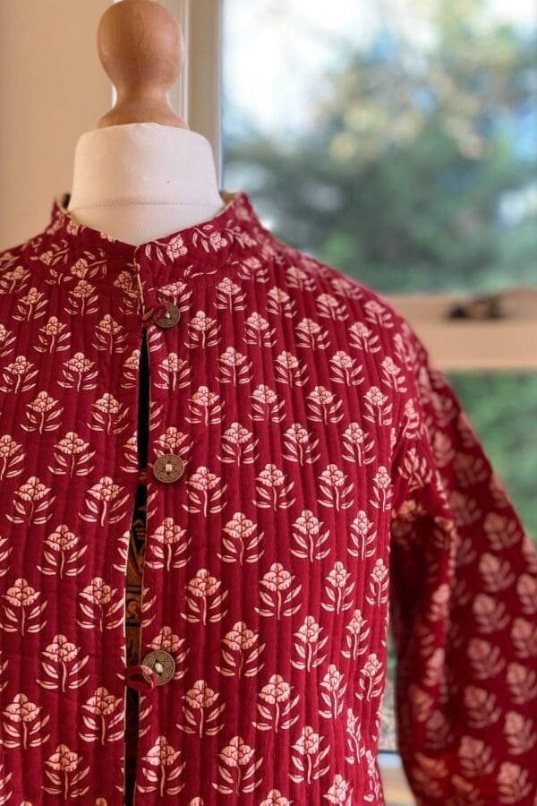 Quilted Cotton Jacket - Red Beige Floral Block Print Striped -Pocket