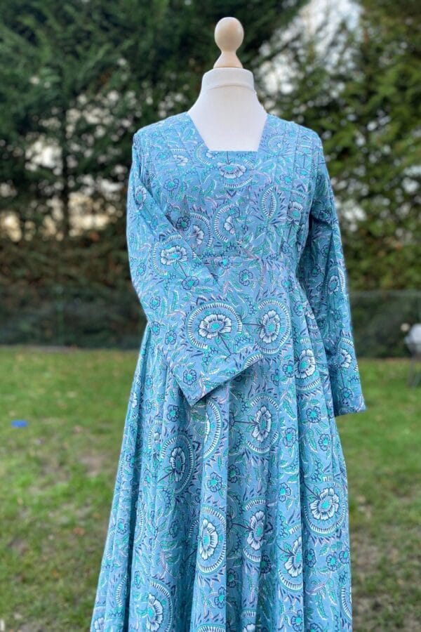 Pure Cotton Flared Maxi-Floral Hand Block Print -Pleated Yoke Boho-Chic Dress