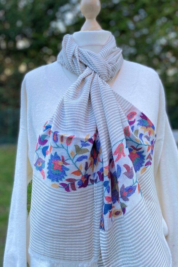 Striped Cashmere Gauze Scarf With Kashmiri Kani Weave Floral Border Ultra Light