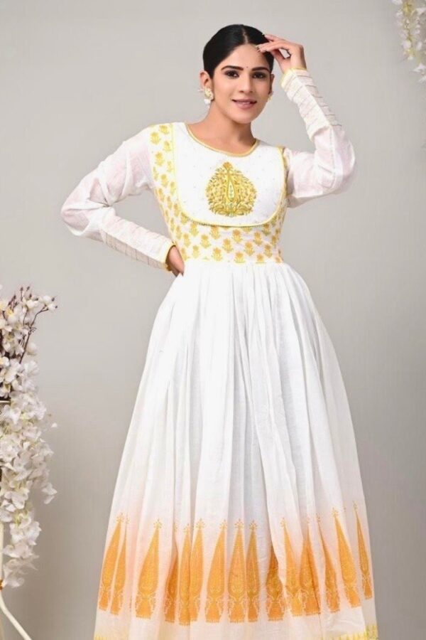 Anarkali Dress-Pure Cotton Hand Block Print Fully Lined White Ethnic Indian