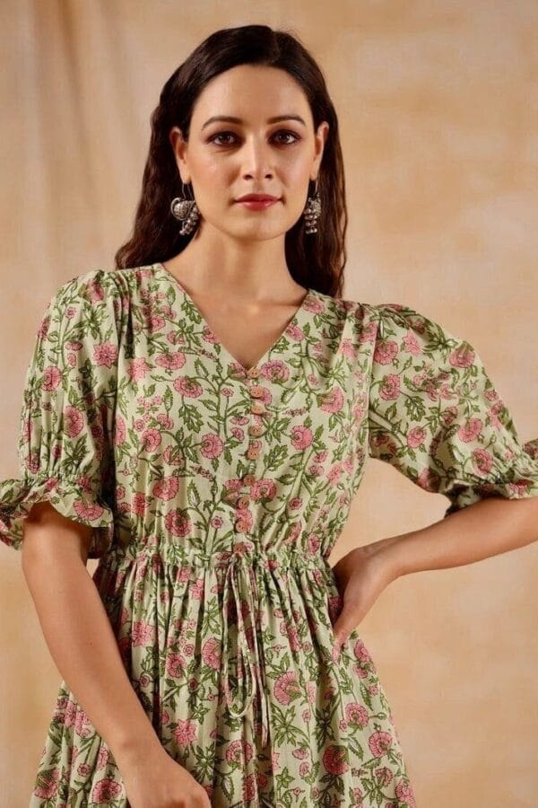 Floral Hand Block Print Midi-Pure Cotton V-Neck Tie Up Waist-Ruffle sleeve Dress