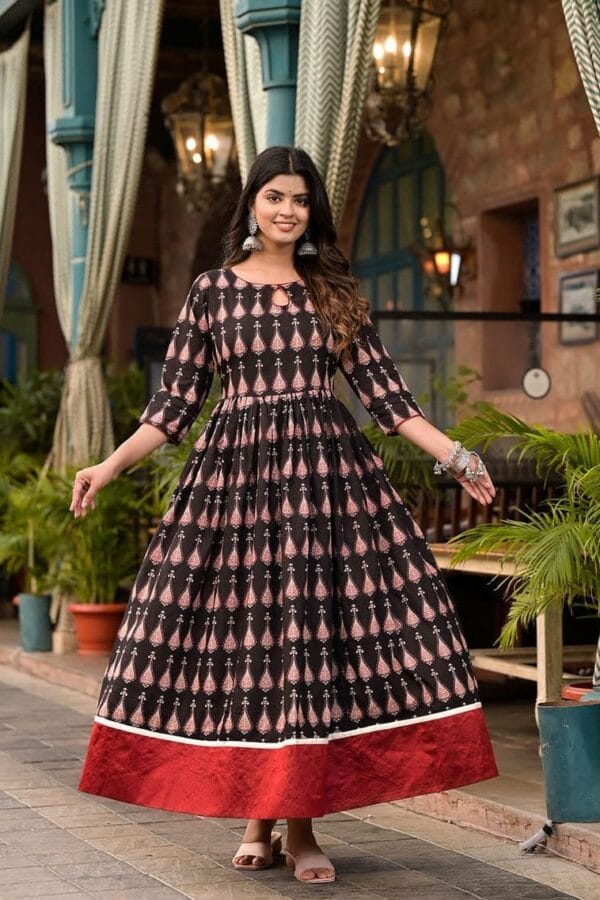 Black Pure Cotton Fit And Flare Long Dress-Hand Block Print Indian Ethnic Dress