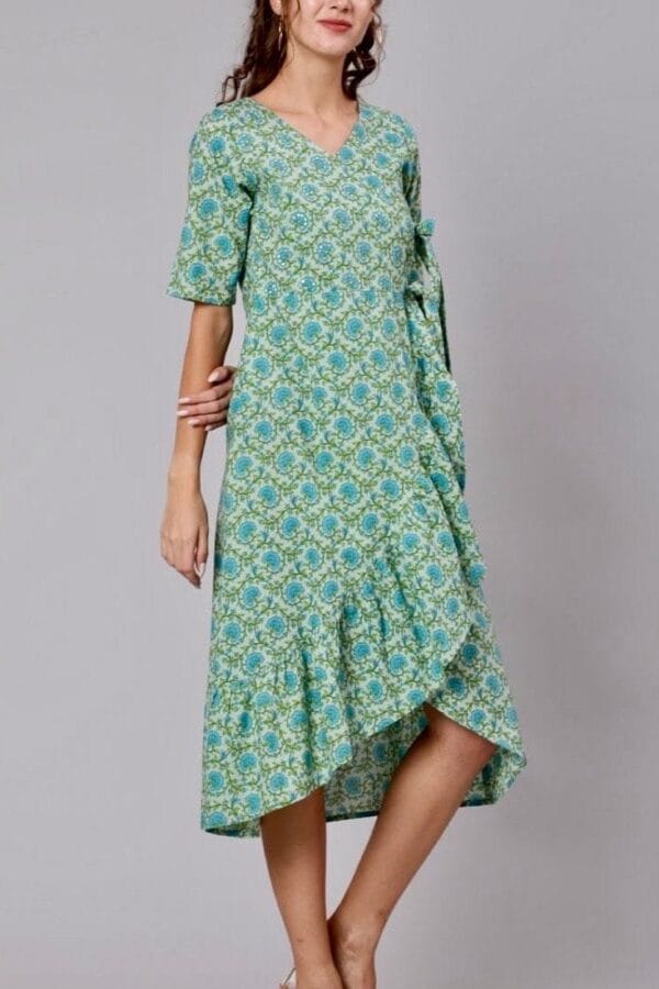 Cotton Floral Wrap Dress- Ruffles-V-Neck Boho-Chic Dress