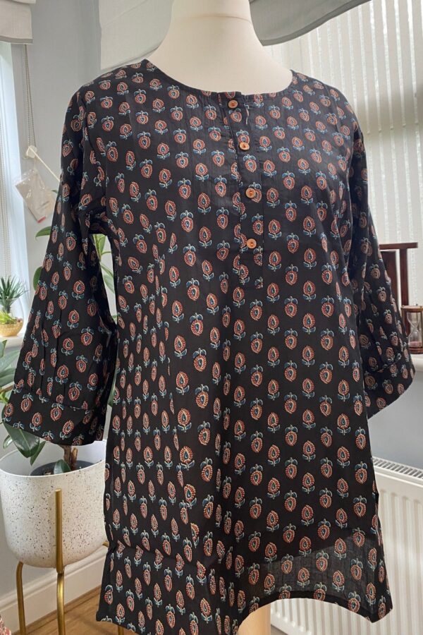 Black Pure Cotton Tunic-Hand Block Print short Kurta-Summer Blouse
