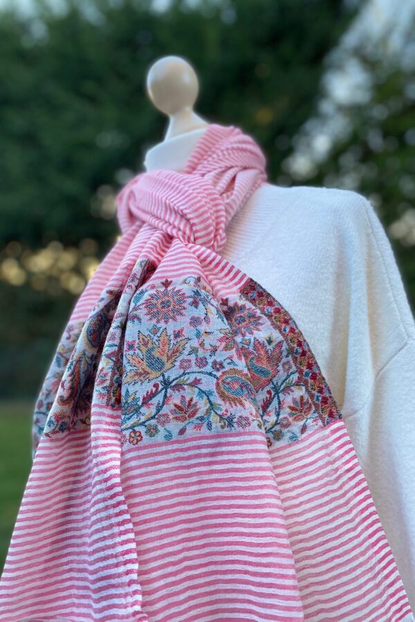 Striped Cashmere Gauze Scarf With Kashmiri Kani Weave Floral Border Ultra Light