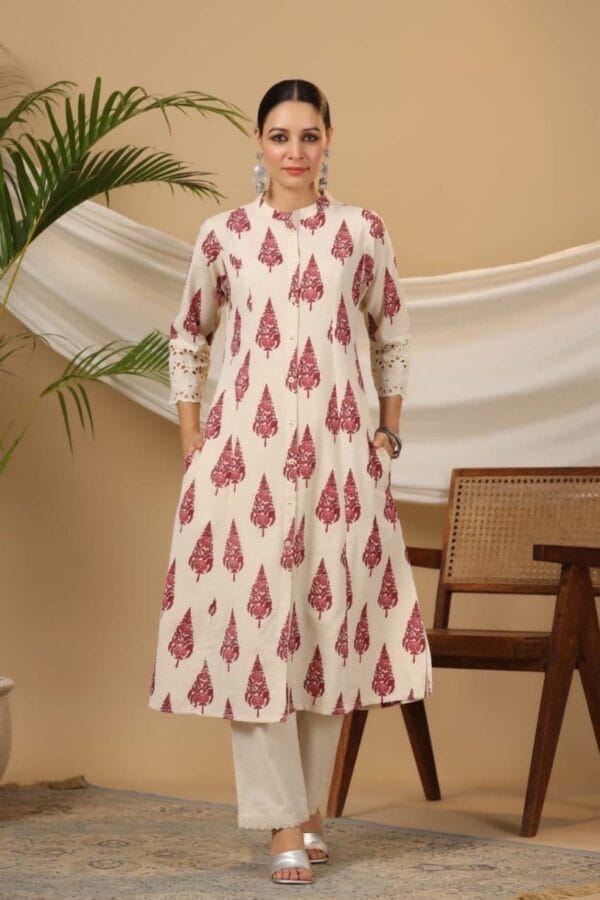 Kurta Set-A-Line Tunic With Pockets Hand Block Print Cotton Linen Blend