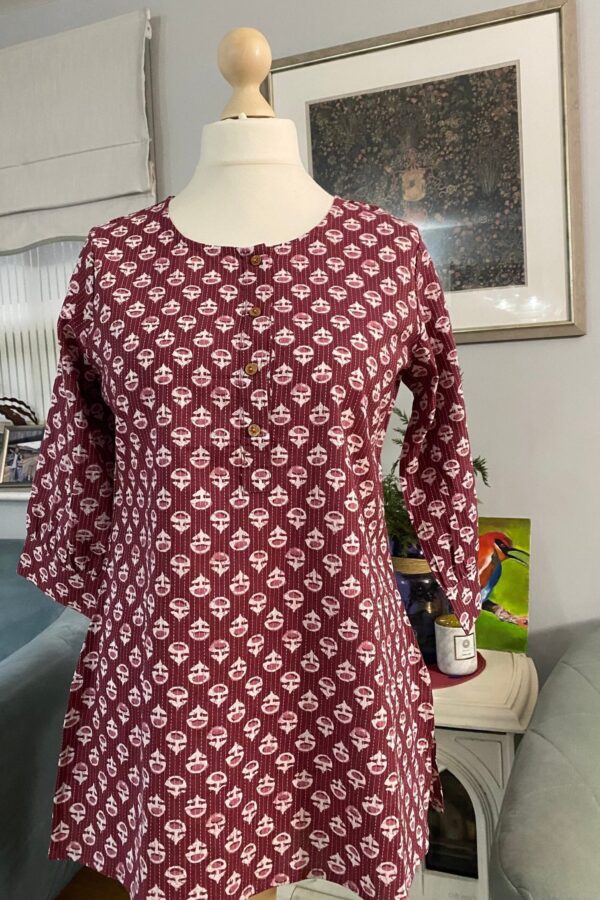 Hand Block Print Tunic- Pure Cotton Kantha Stitch Blouse