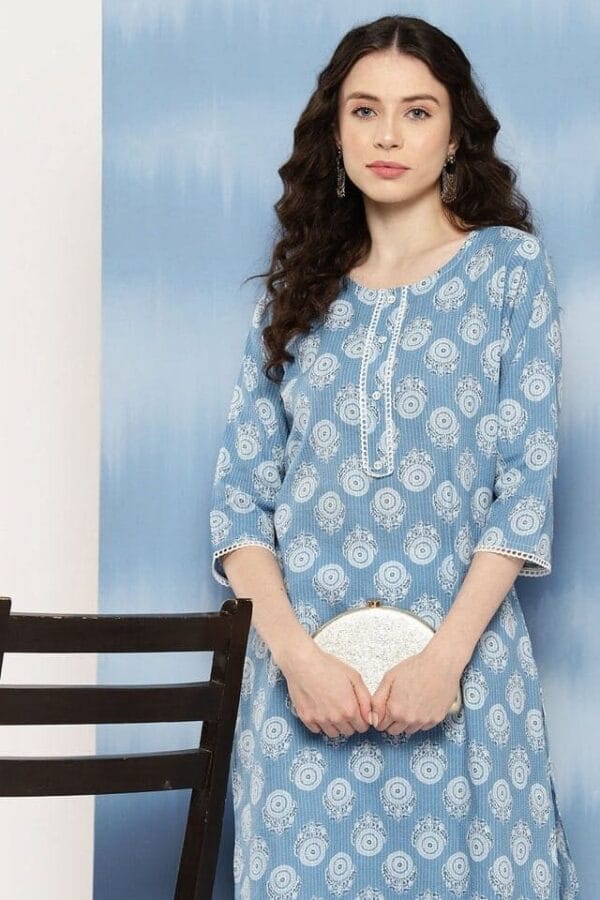 Pure cotton Kurta-Sky Blue Block Print Kantha Stitch Long Tunic