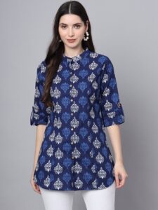 Pure Cotton Tunic-Block print Mandarin Collar women's Blouse