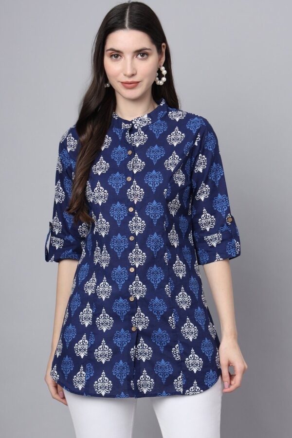 Pure Cotton Tunic-Block print Mandarin Collar women's Blouse