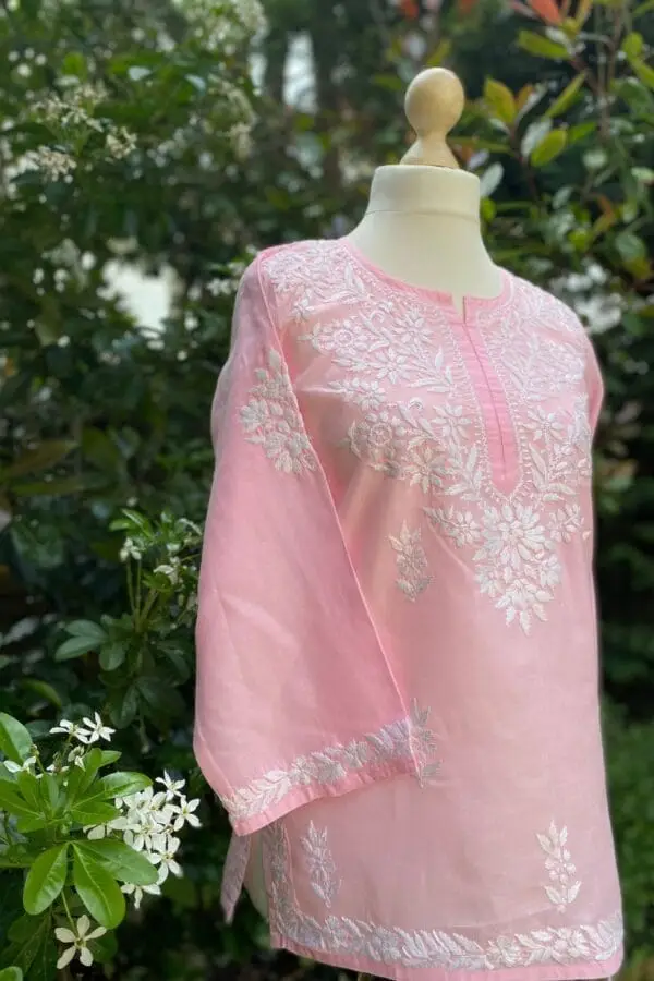 Hand Embroidered Pure Cotton Tunic-Pink Chikinkari Kurti