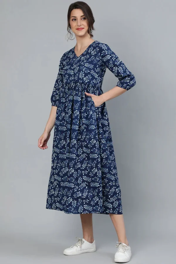 Indigo Blue Pure Cotton Block Print Flared Midi Dress-Pocket