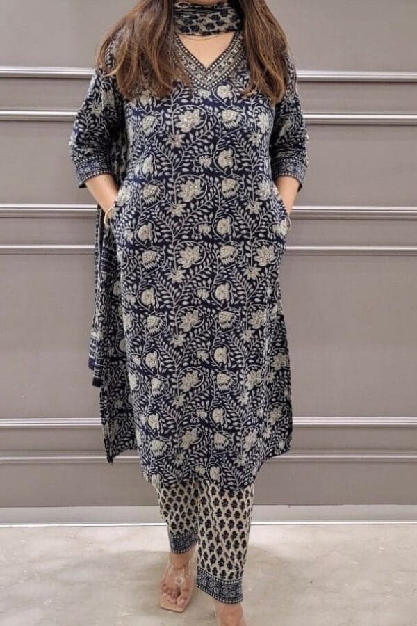 Pure Cotton Straight Kurta Set- Blue Floral Hand Block Print-Pocket-Embroidered V-Neck