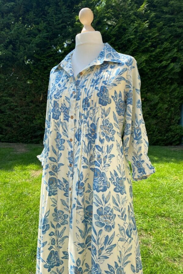 Floral A-Line Shirtdress Dress Viscose Rayon-White Blue Summer Dress
