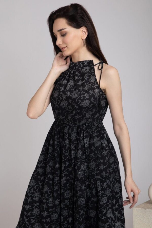 Tiered Dress Pure Cotton Elastic Waist With Pocket Adjustable Neck Tie-Black