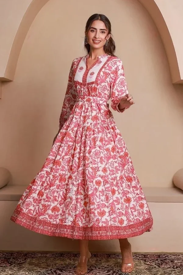 Pink Tiered Pure Cotton Midaxi -Floral Hand Block Print Belted Dress
