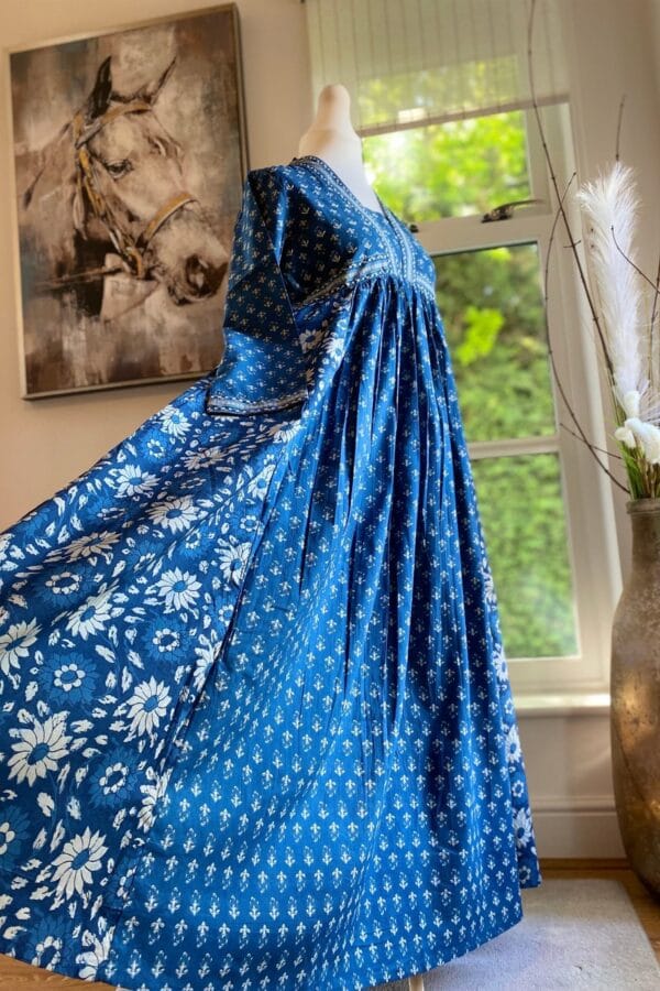 Pure Cotton Long Dress-Floral Hand Block Print-Long Sleeve-Empire Yoke