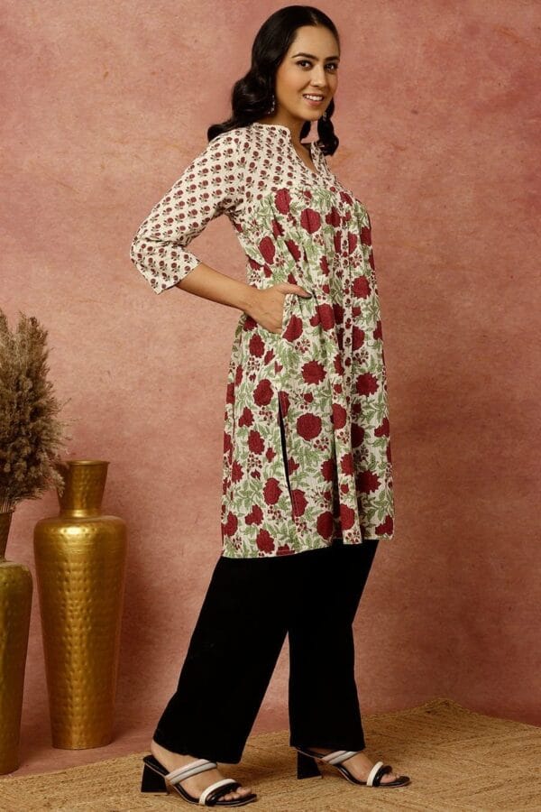 Floral Block Print Kurta-Pure Cotton Tunic- Pocket-Side Slits-Bohemian Top