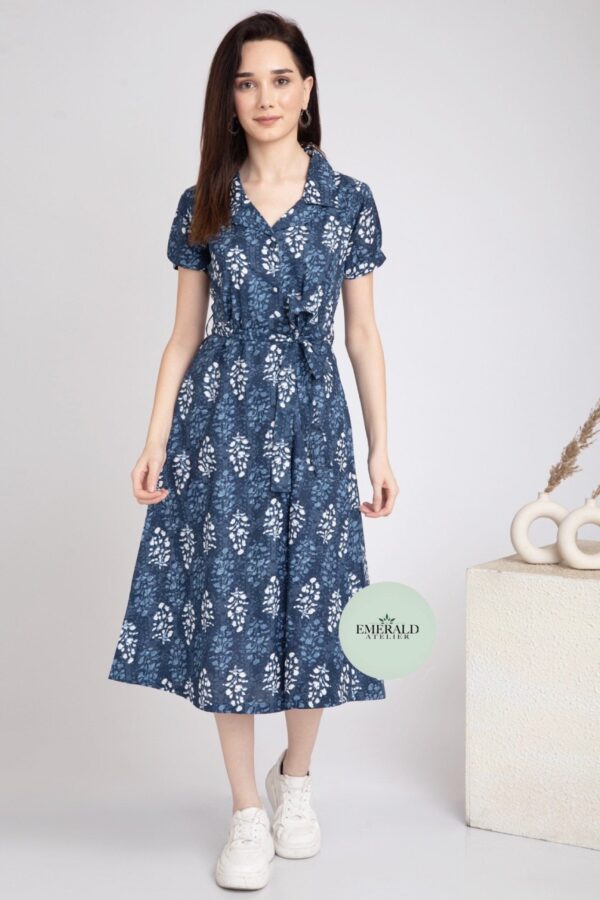 Pure Cotton Midi-Blue Block Print Notch Collar-Belted Shirt Dress