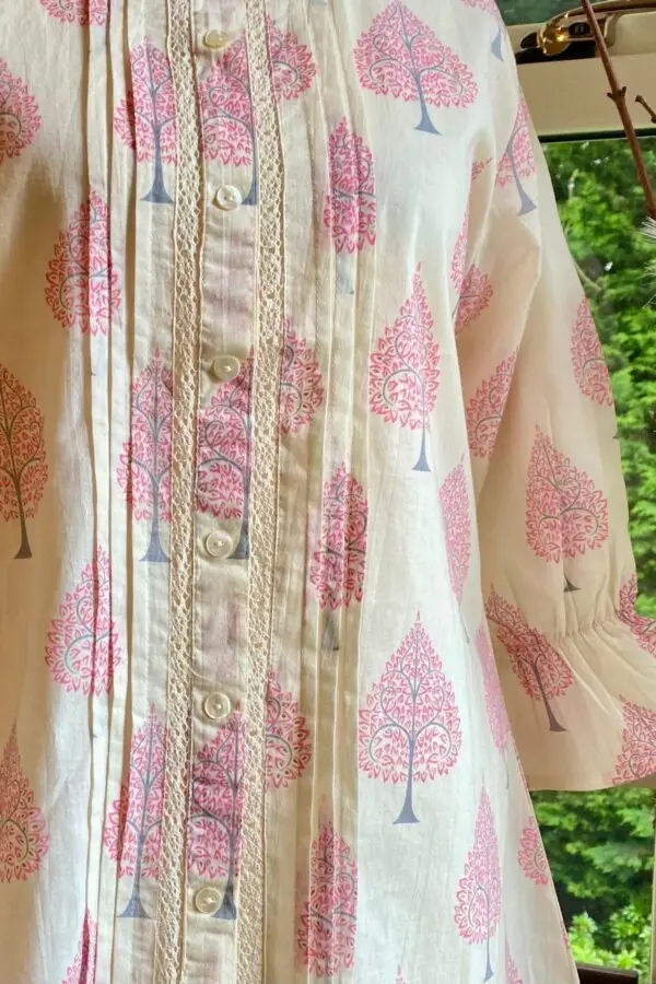 Pure Cotton Summer Blouse-Off White-Pink Block Print Mandarin Collar Tunic