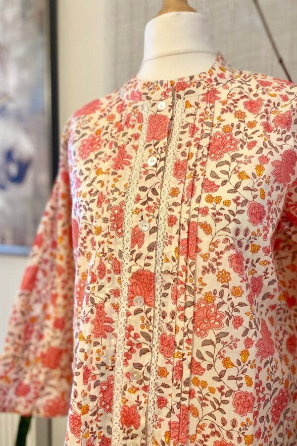 Coral Floral Pure Cotton Blouse-Mandarin Collar Tunic-Summer Top