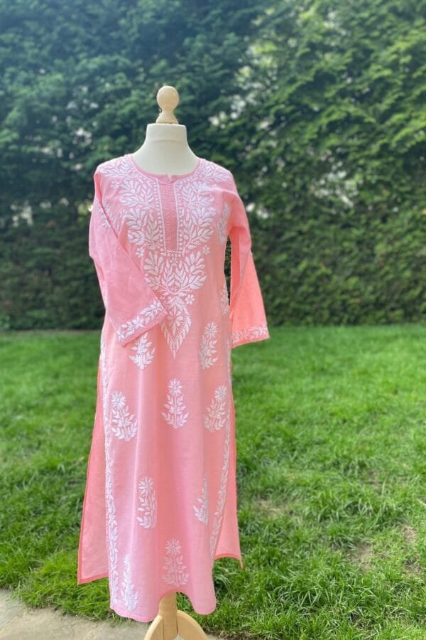 Pink Hand Embroidered Kurta-Pure Cotton Long Ethnic Indian Tunic