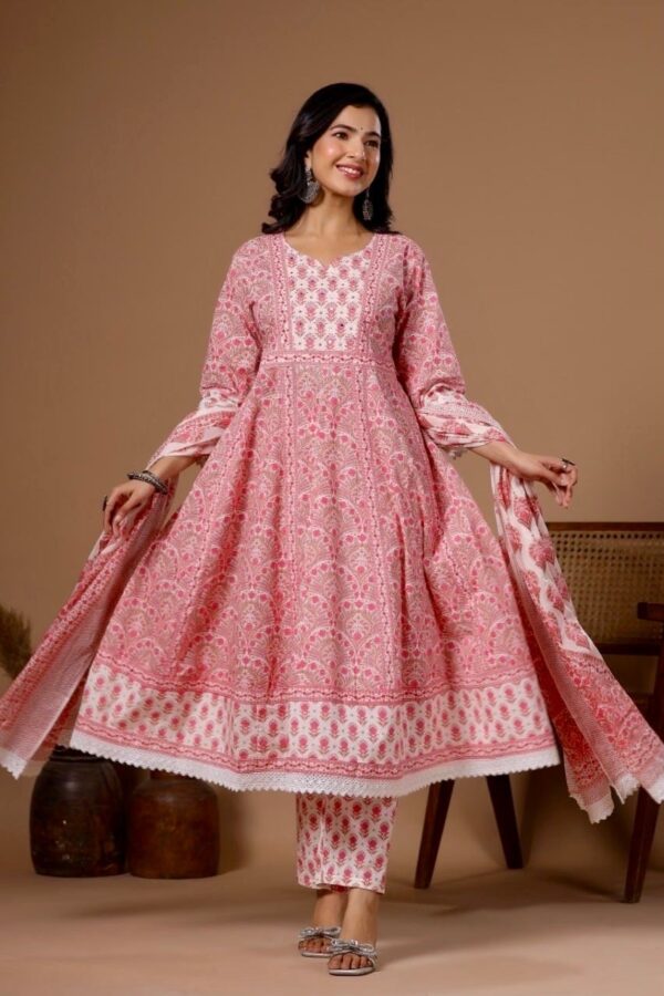 Pink Floral Anarkali Kurta Set -Pure Cotton Indian Ethnic Women's Suit