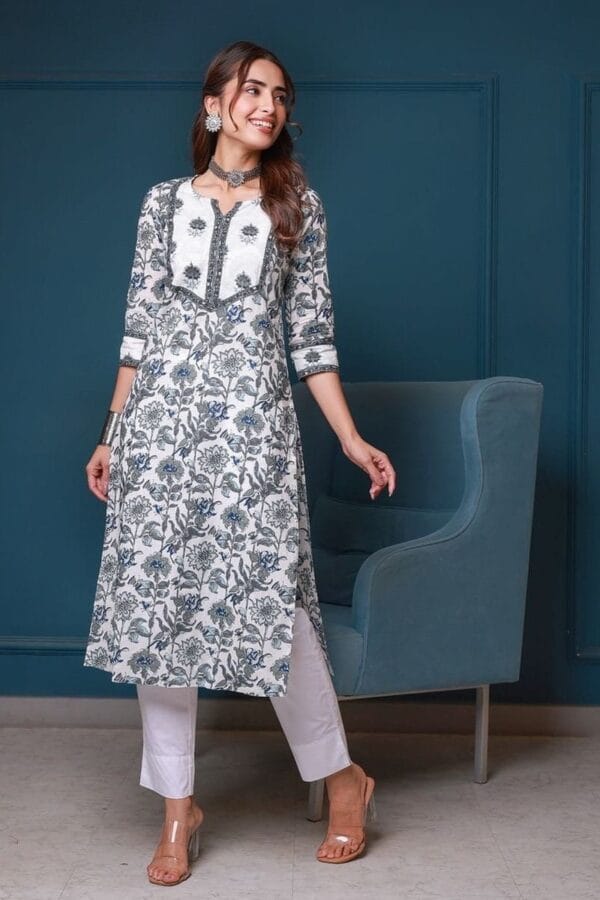Floral Hand Block Print Pure Cotton Kurta White Long Tunic