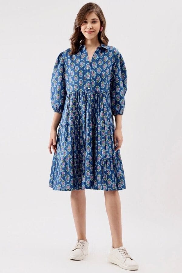 Pure Cotton Tiered Dress-Floral Block print Shirt Collar Summer Dress