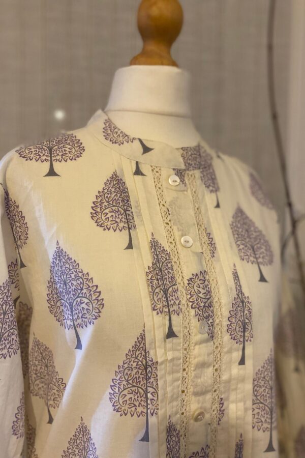 Pure Cotton Tunic -Hand Block Print Summer Blouse-Off White Lilac Mandarin Collar Top
