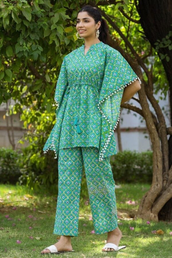 Pure Cotton Pyjama Set-Short Kaftan Top- Green Block Print Loungewear