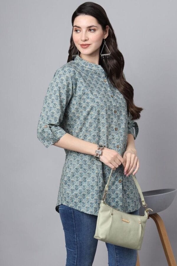 Green Hand Block Printed Tunic Top in Pure Cotton