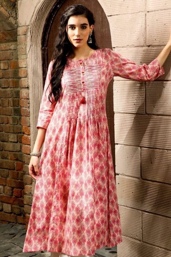 A-Line Pink Floral Dress-Cotton Flex Block Print