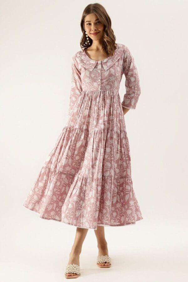 Floral Block Print Tiered Midaxi - Pure Cotton Peter Pan Collar Summer Dress