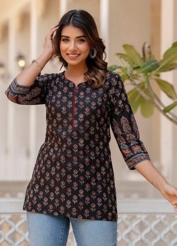 Pure Cotton Tunic-Hand Block Print Black Red Ethnic Indian Kurta Top