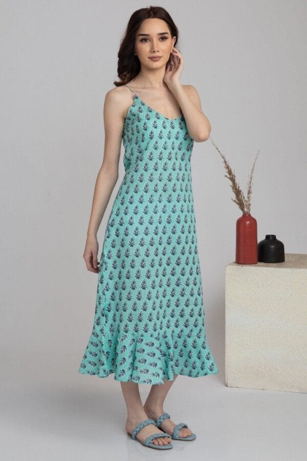 Hand Block Print Pure Cotton Slip Dress-Teal Green