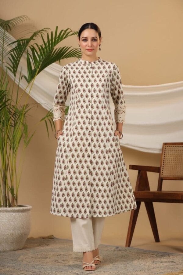 A-Line Kurta Pant Set - Hand Block Cotton Linen Blend