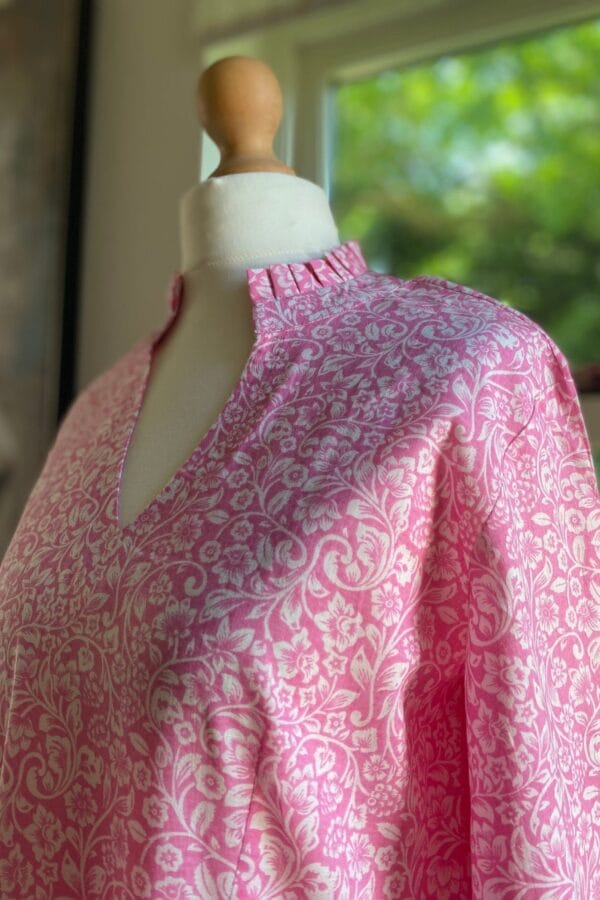 Pink Pure Cotton Floral Tiered Dress -Pleated Collar Long Sleeves Summer Dress-Unlined