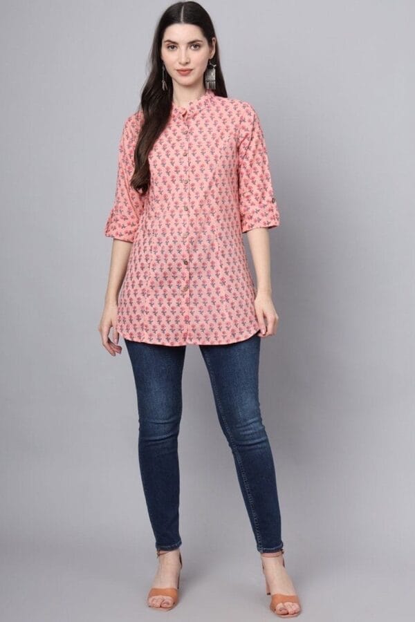 Pink Floral Pure Cotton Tunic-Hand Block Print Summer Blouse
