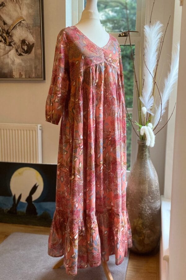 Floral Cotton Midi- Hand Embroidered Empire Yoke-Boho-Chic Summer Dress