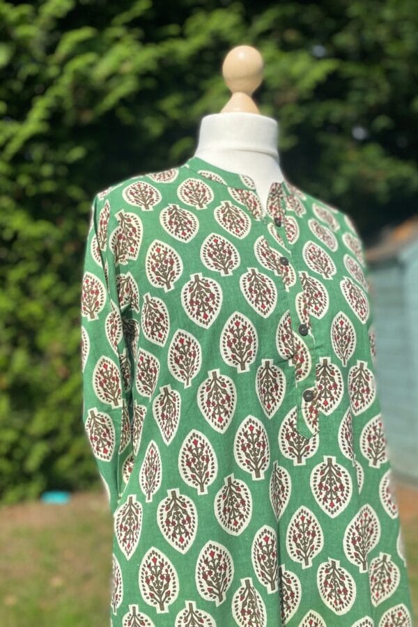 Pure Cotton Tunic-Green Block Print Kurta Top-Pocket