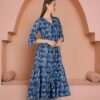 Indigo Floral Hand Block Print Dress-Pure Cotton Wrap Style Yoke V-Neck