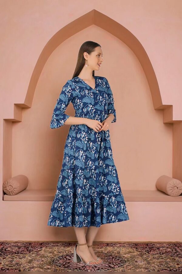 Indigo Floral Hand Block Print Dress-Pure Cotton Wrap Style Yoke V-Neck