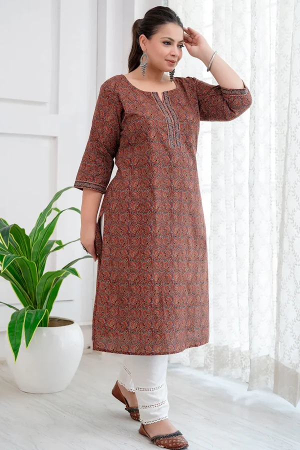 Straight Kurta-Pure Cotton Hand Block Print-Maroon Black Indian Long Tunic-