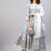 Blue Floral Anarkali Kurta set-Pure Cotton-Hand Block Print- Festive Indian Dress