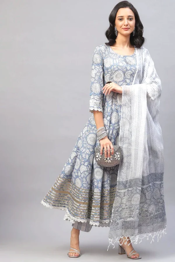 Blue Floral Anarkali Kurta set-Pure Cotton-Hand Block Print- Festive Indian Dress