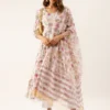Floral Anarkali Kurta Set-Pure Cotton Hand Block Print Tiered Dress with Pants and Dupatta