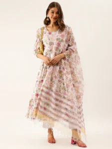 Floral Anarkali Kurta Set-Pure Cotton Hand Block Print Tiered Dress with Pants and Dupatta